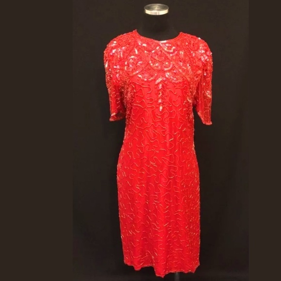 Beaded Sequined Vtg Red Silk Cocktail Dress Sz Sm - Picture 1 of 11